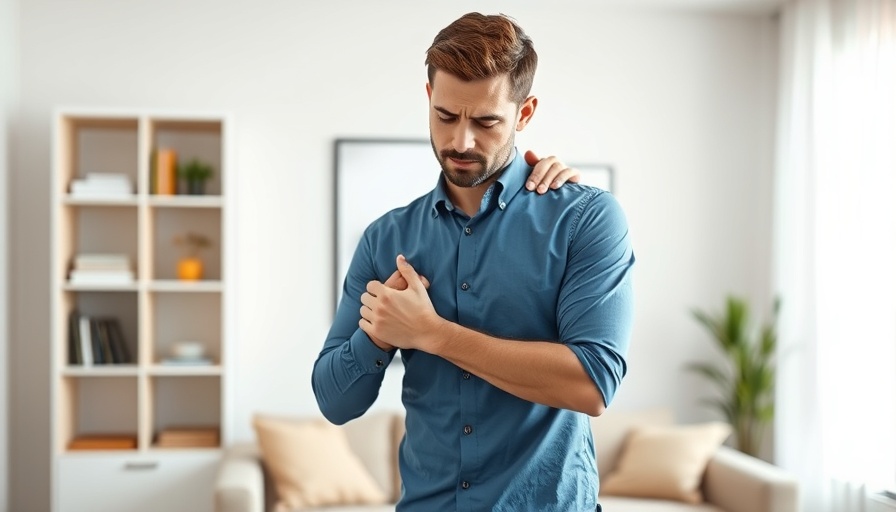 Man experiencing shoulder blade pain in living room.