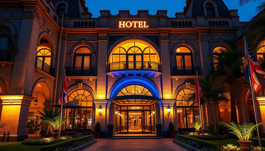 Charming South Africa travel hotel entrance at twilight.