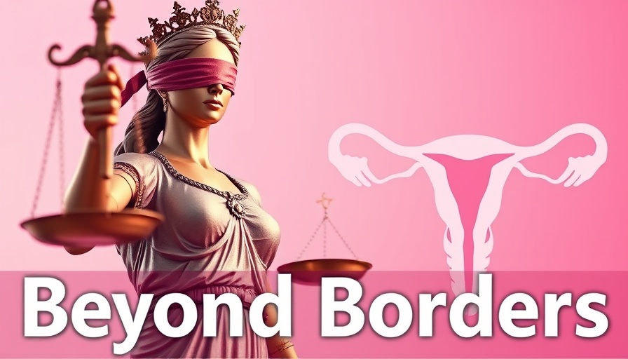 Podcast cover highlighting link between GBV and restricted abortion rights, Lady Justice, uterus graphic.