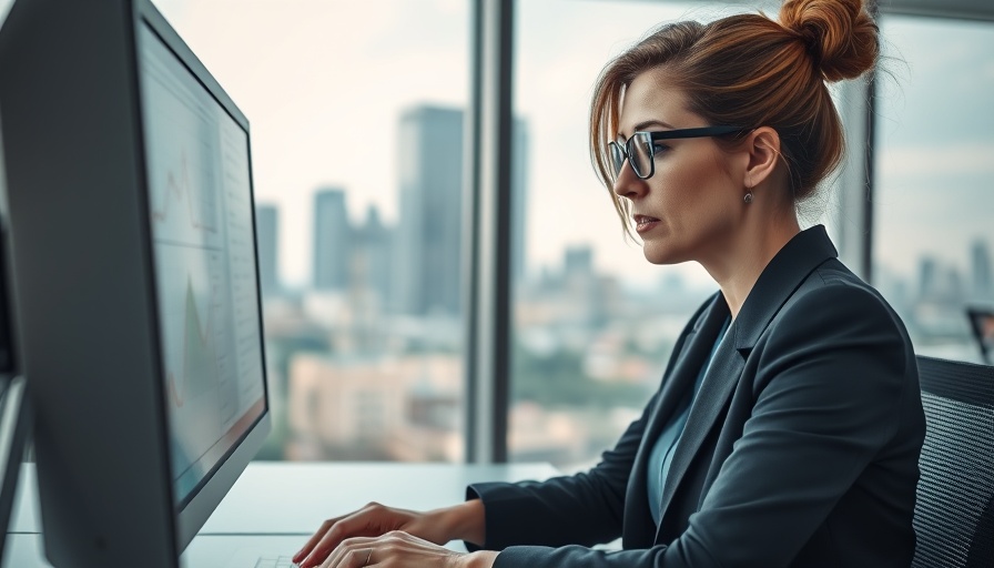 Businesswoman analyzing data charts for Average Handle Time (AHT) in office.