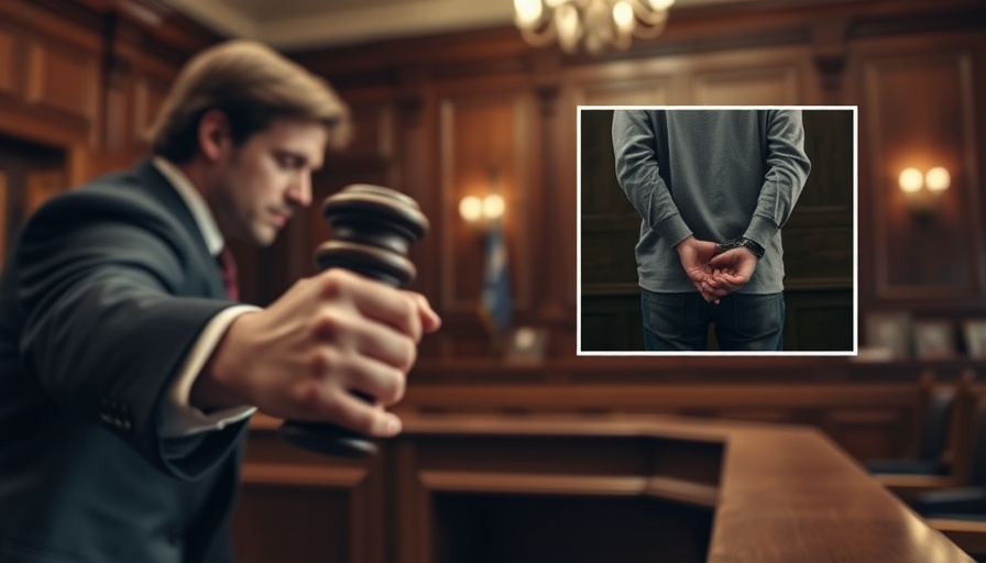 Blurred judge with gavel and handcuffed person inset in courtroom.