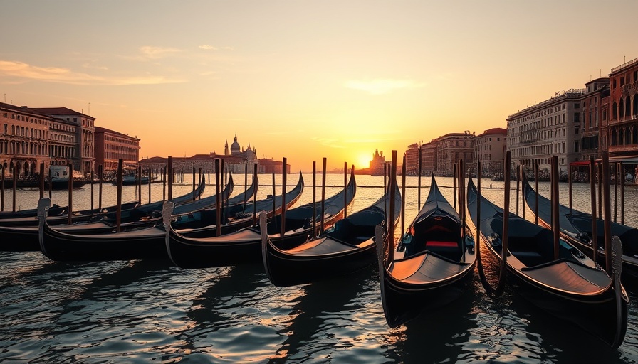 Peaceful gondolas at sunset with Venetian architecture.