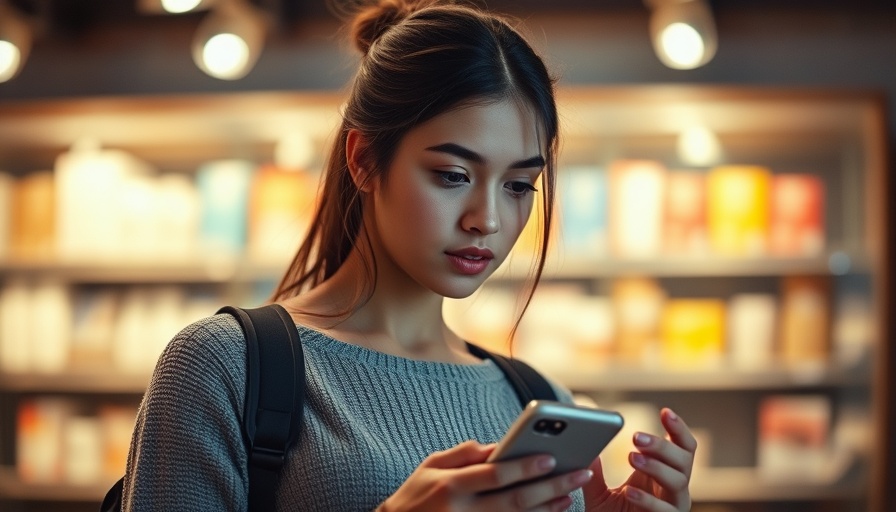 Young woman focusing on phone, blurred indoor setting, functional freeze.
