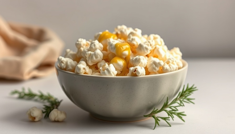 Popcorn with olive oil and rosemary on a minimalist background.