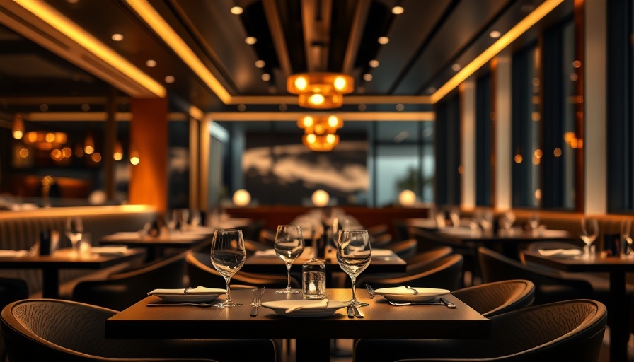 Elegant restaurant interior with neatly set tables and warm lighting.