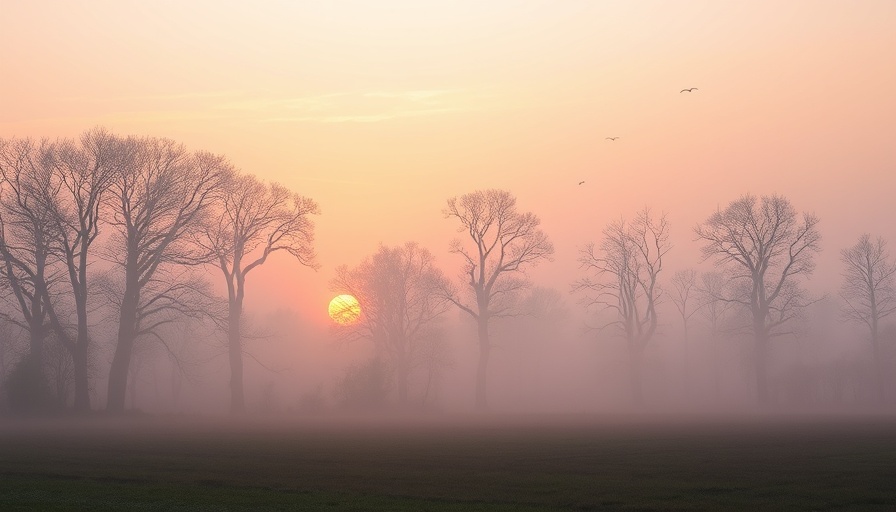 Misty sunrise landscape with silhouetted trees in a serene field.