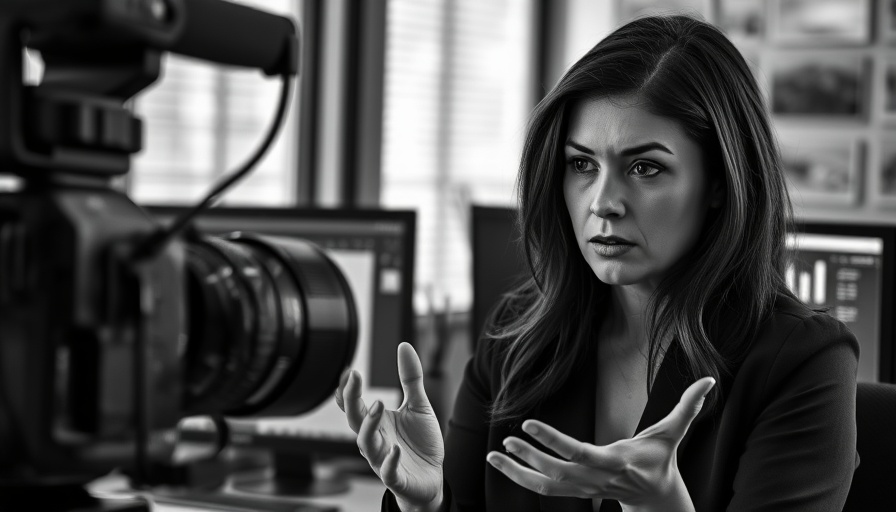 Woman discussing crypto scams, black and white office setting.