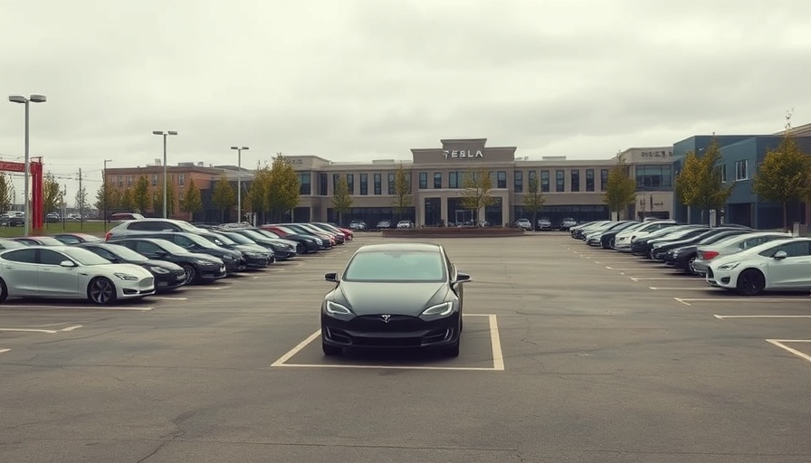 Sparse Tesla car lot reflecting sales decline under gray sky.