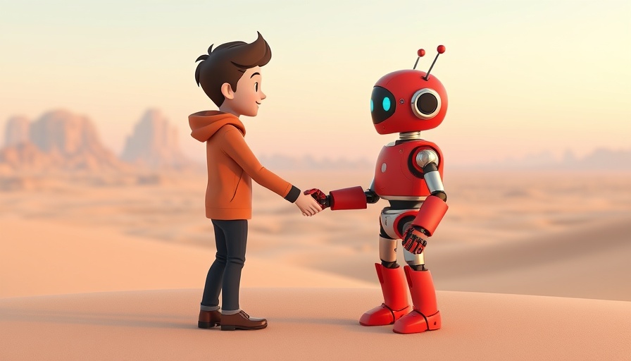 Minimalist scene of person and red robot shaking hands in desert.