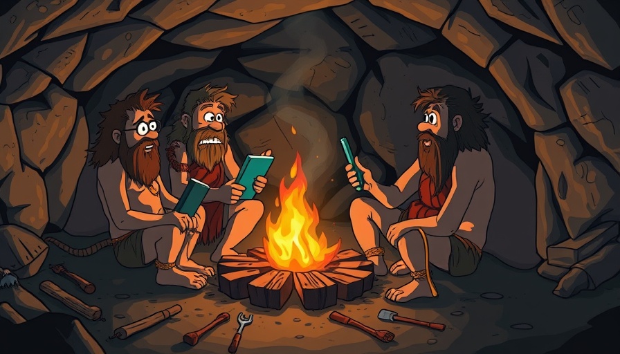 Cavemen discuss modern tech around a fire, American Dream in digital marketing.