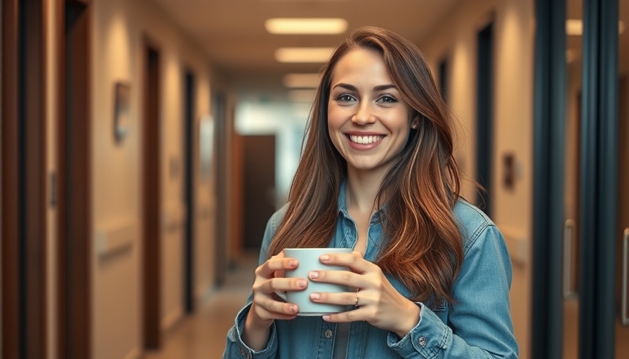 Young woman embracing happiness at work, smiling in an office.