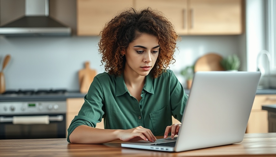Gen Z woman focused on email communication in kitchen.