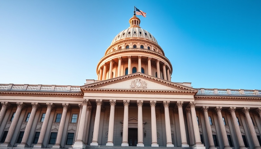 Government building with a dome under blue sky, highlighting architecture.