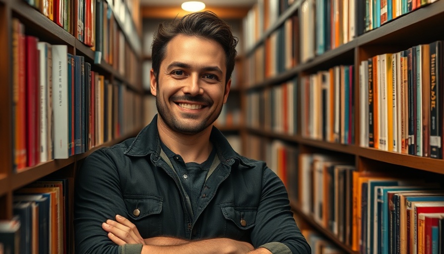 New Denver bookstore owner smiling by colorful bookshelves.