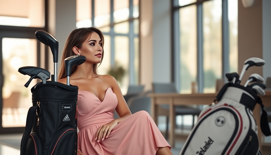 Elegant woman in pink dress with golf bag, luxury fashion.