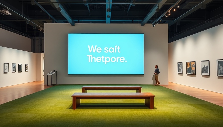Contemporary art exhibition space with digital display and seating.