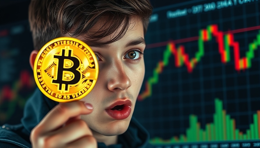 Surprised young man analyzing Bitcoin drop in chart.