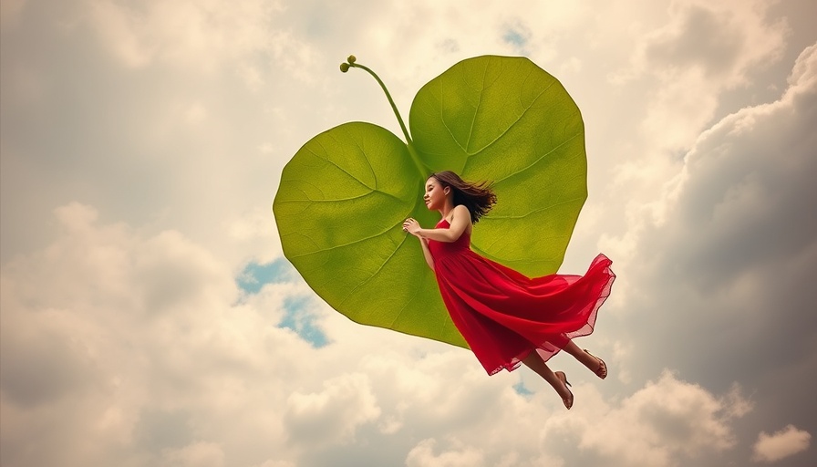 Surreal image of a woman floating with a heart-shaped leaf, symbolizing decisions that change your life.