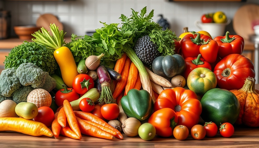 Colorful vegetables and fruits on wooden table in kitchen.