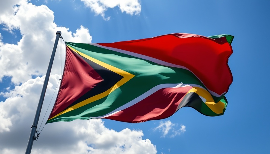 Colorful South African flag waving against a blue sky.