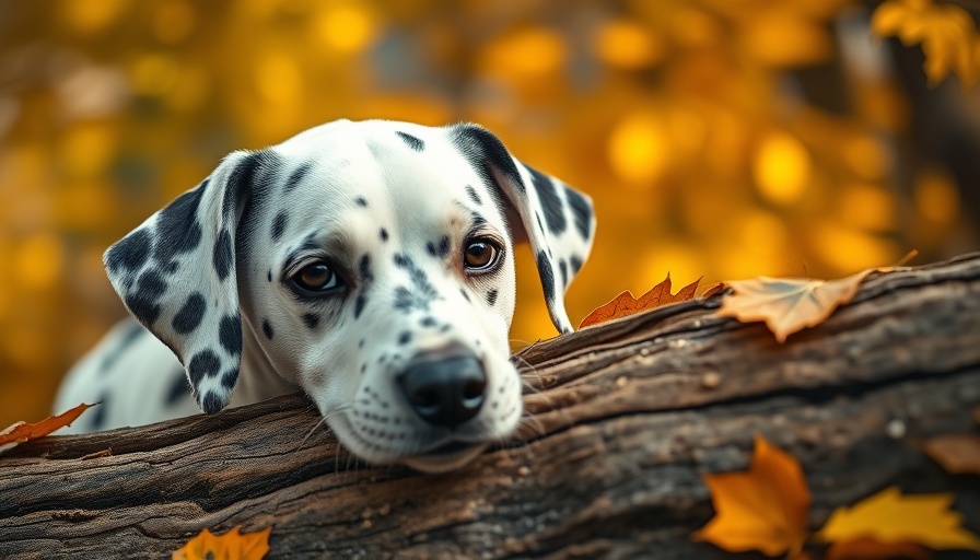 Dalmatian in autumn leaves with a curious expression, perfect tranquility.
