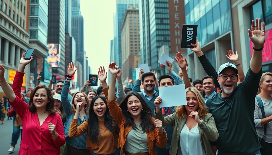 Diverse group excitedly celebrating, holding brand items in urban setting.