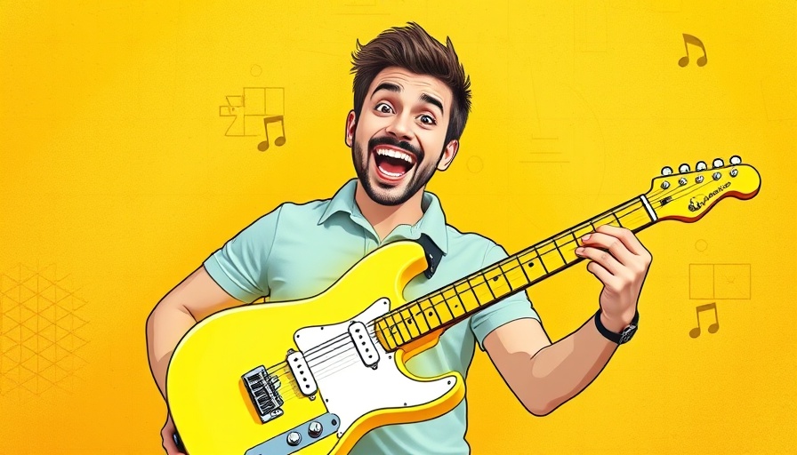 Cheerful man playing guitar, SEO career promotion in AI era