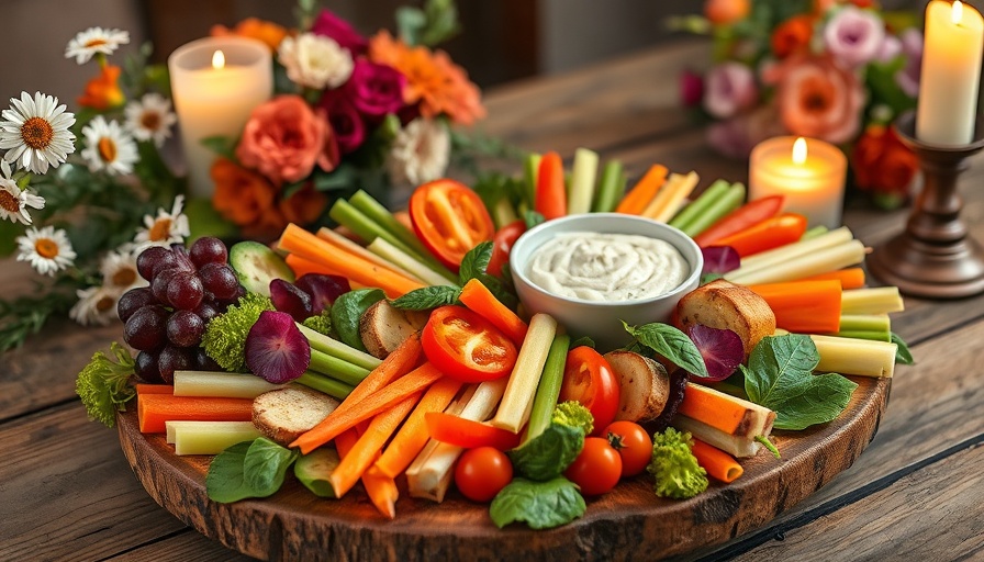 Garden crudités healthy snacking platter with dip, vibrant display.
