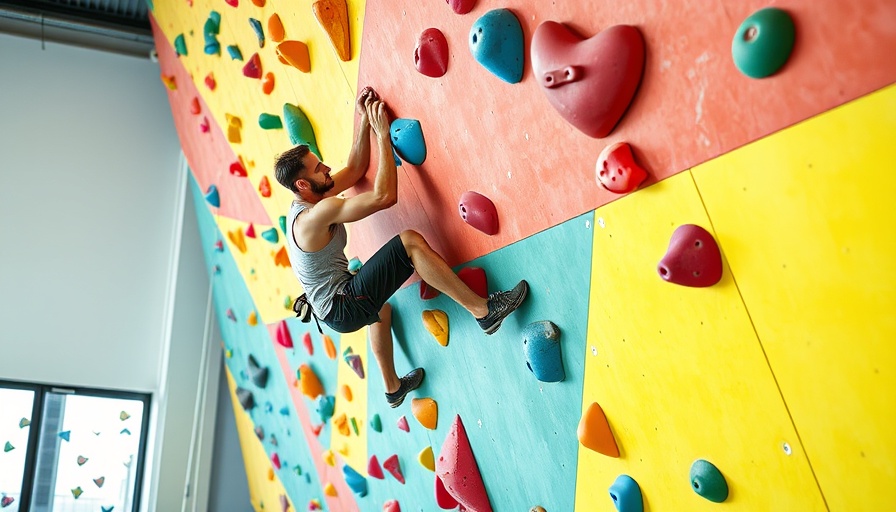 Climber scales colorful bouldering wall in South Africa.