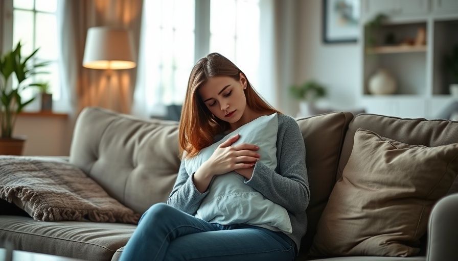 Anxious woman sitting on sofa in cozy living room