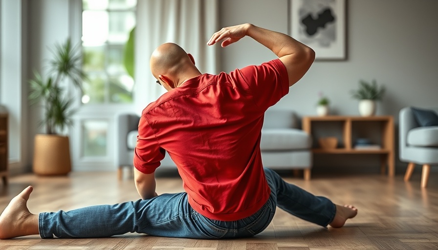 Man practicing health and wellness mid-back stretch.