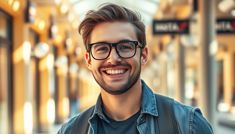 Confident man in sunlit arcade, AI-first online travel ecosystem.