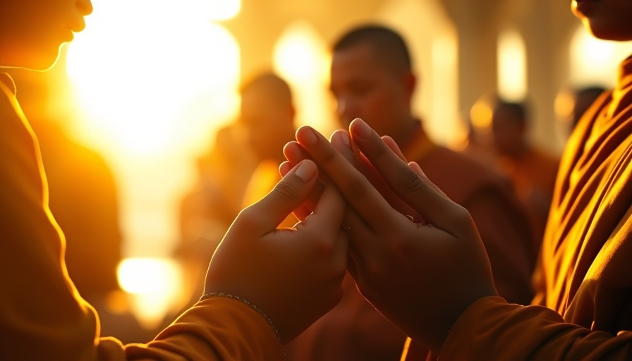 Monks in prayer with golden light, Bodhisattva Vow atmosphere.