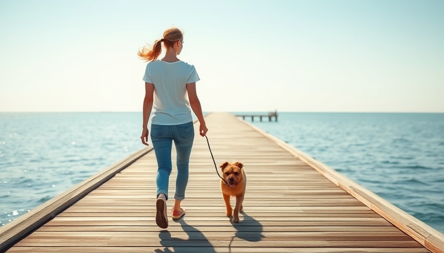 Woman walking dog on pier in morning light, related to how long to walk to undo effects of sitting.