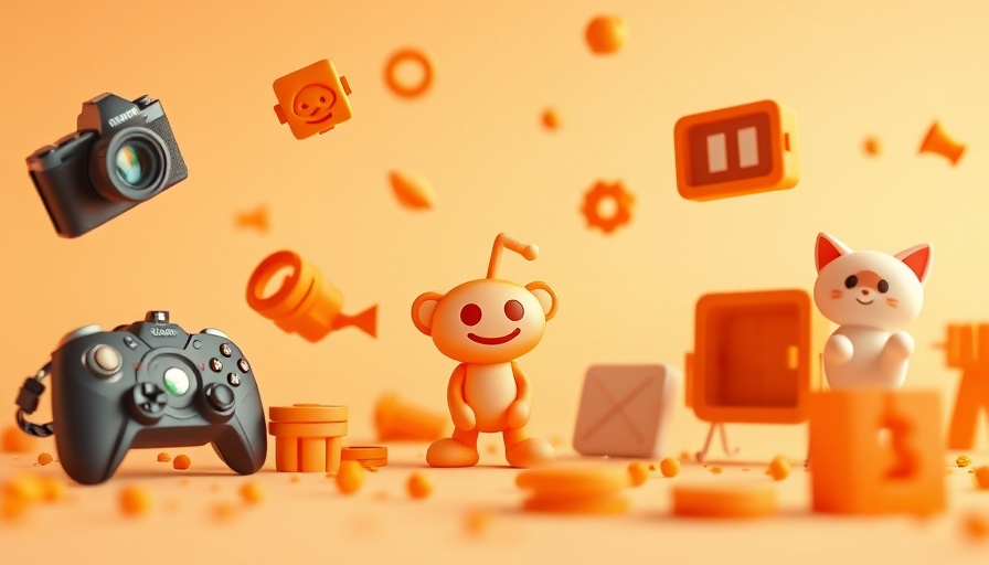 3D Reddit icons with floating orange objects in soft lighting.