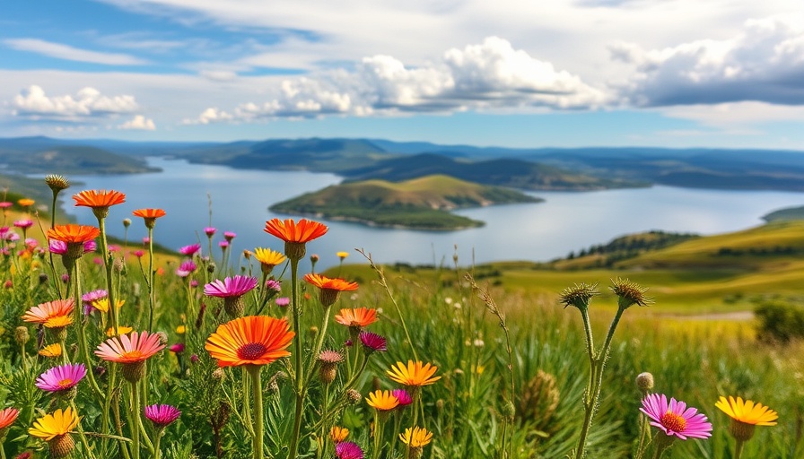 Tranquil Barker Meadow Reservoir with wildflowers and blue sky.