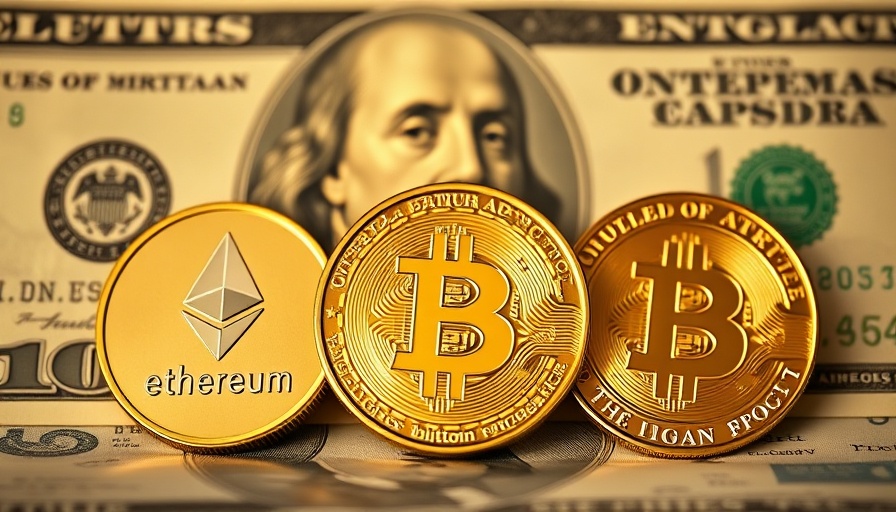 Cryptocurrency coins against gold-accented dollar bill.