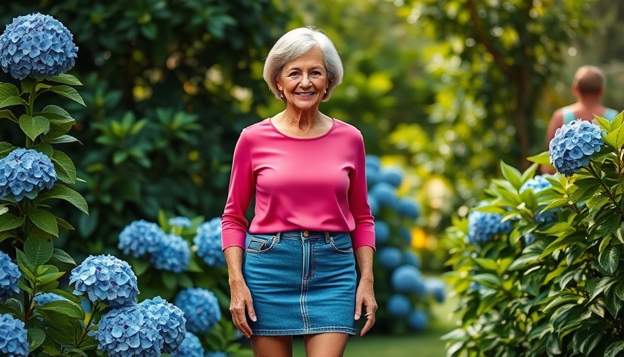Stylish older woman in garden showcasing sustainable fashion.