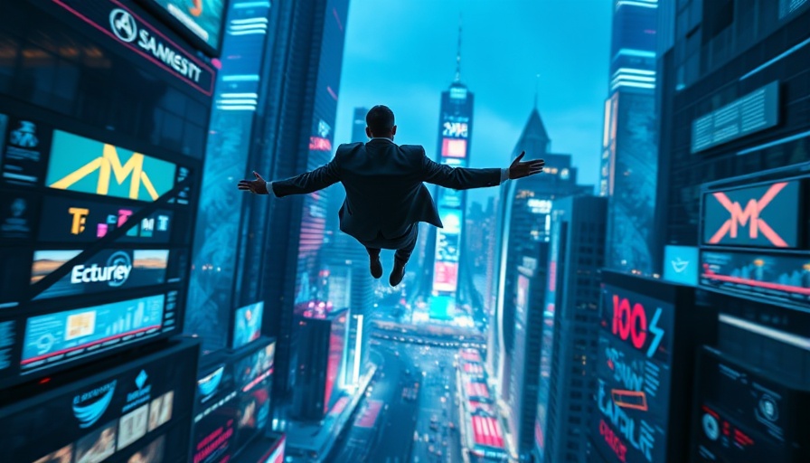 Futuristic cityscape with digital marketing tools in vibrant neon.