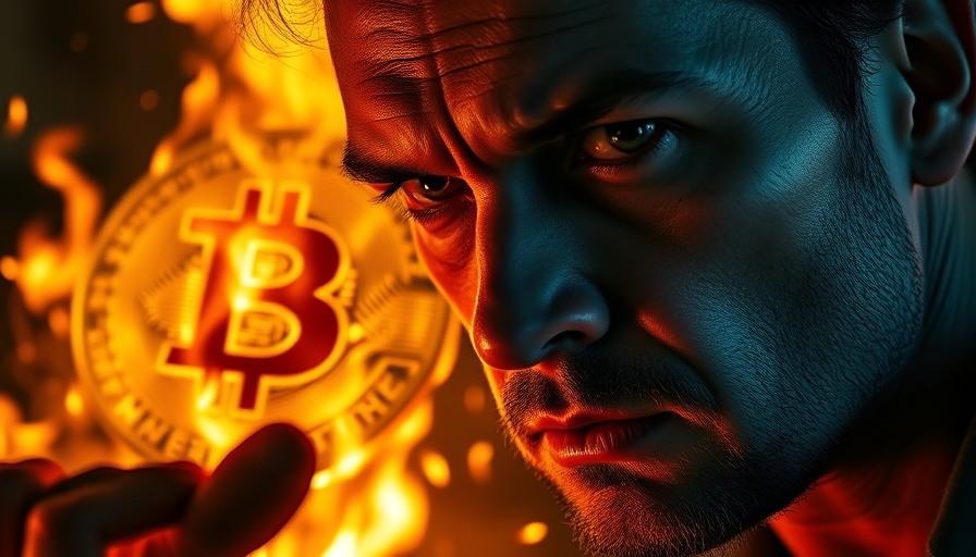 Bitcoin Melt-Up concept with intense stare and flaming Bitcoin symbol.