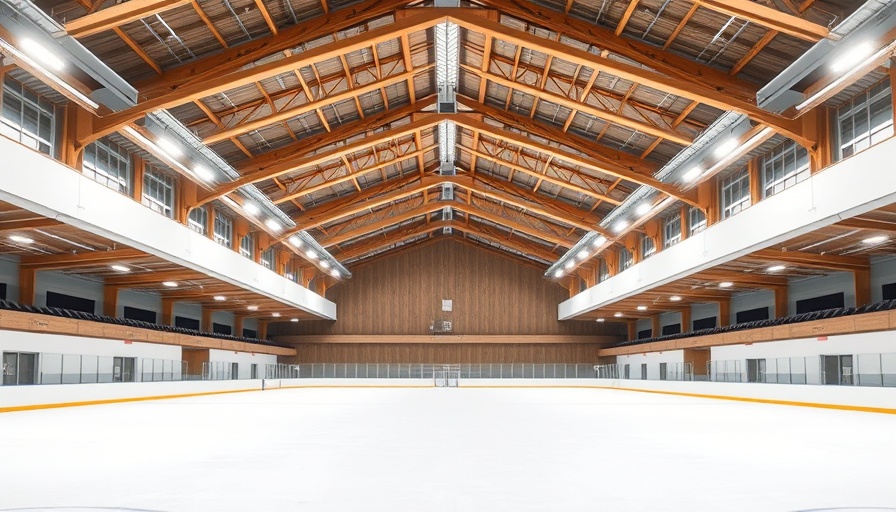Empty skating rink with wooden beams and overhead lights for anxiety disorders awareness and management.