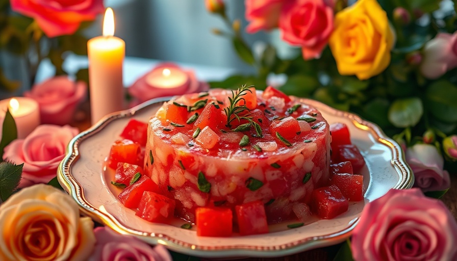 Healthy Watermelon Tartar Recipe elegantly plated with flowers.