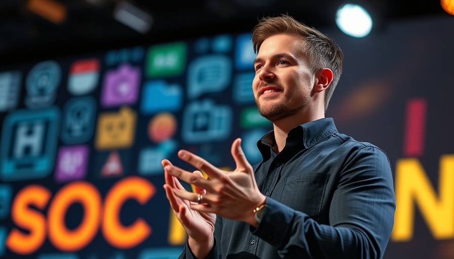 AI in SEO: Charismatic speaker presenting with digital icons.