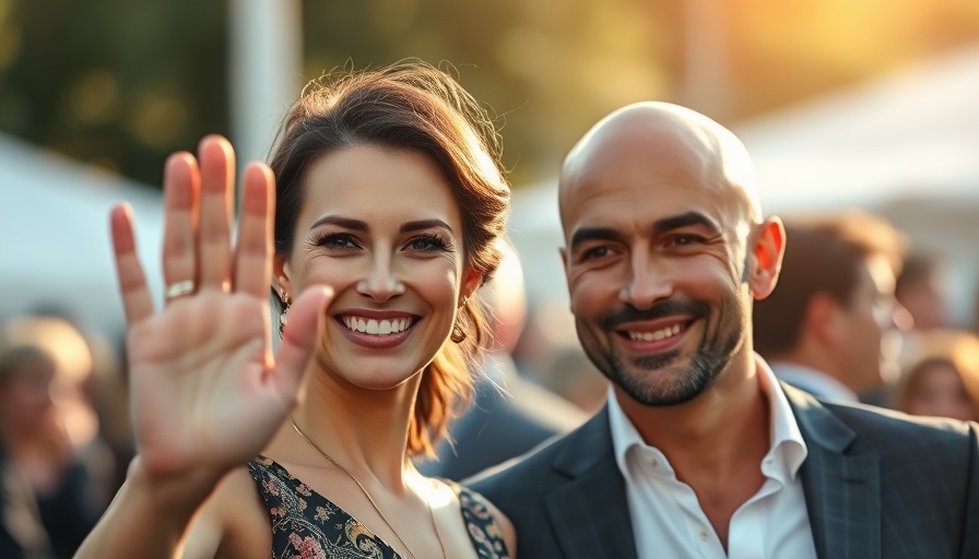 Elegant couple waving at an outdoor event, smiling warmly.