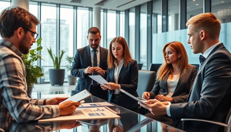 Business professionals discussing outsourced financial planning in modern office.