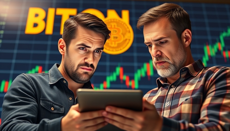 Men analyzing Bitcoin price movement, warning message displayed.