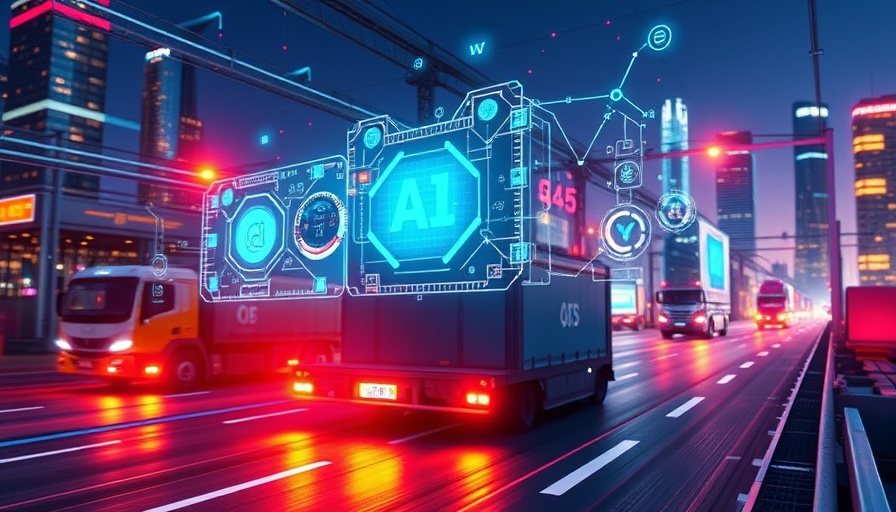 AI integration in logistics marketing tools illustration, modern cityscape.