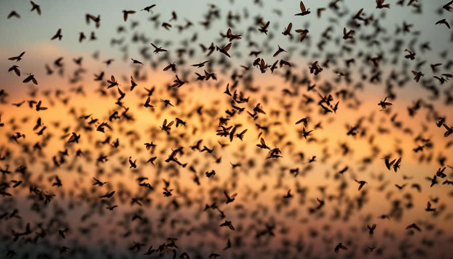 A swarm of insects against a colorful sunset sky, symbolizing noisy thoughts.