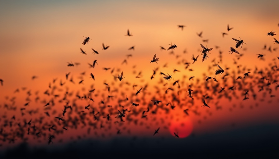 Swarm of mosquitoes silhouetted against a sunset sky.