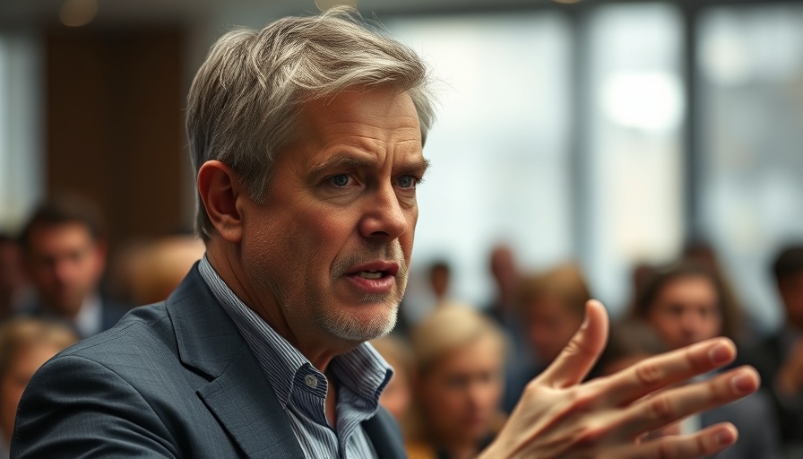 Middle-aged man speaking seriously at an event, indoors.
